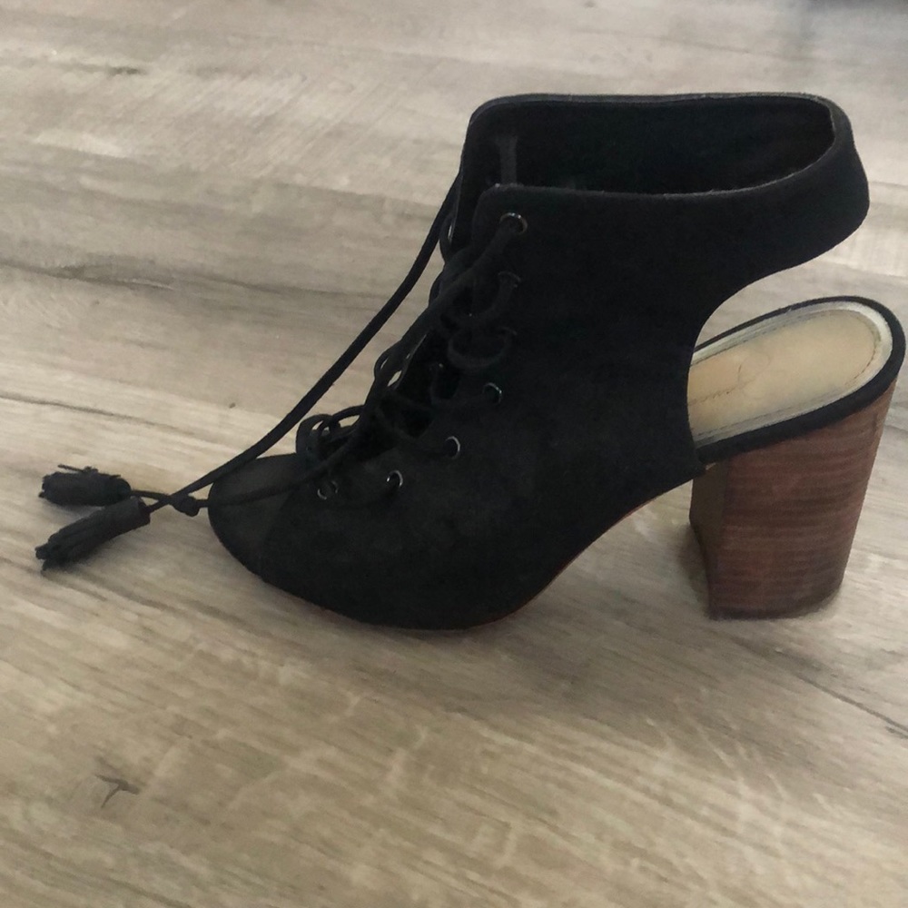 Black lace up open toe booties